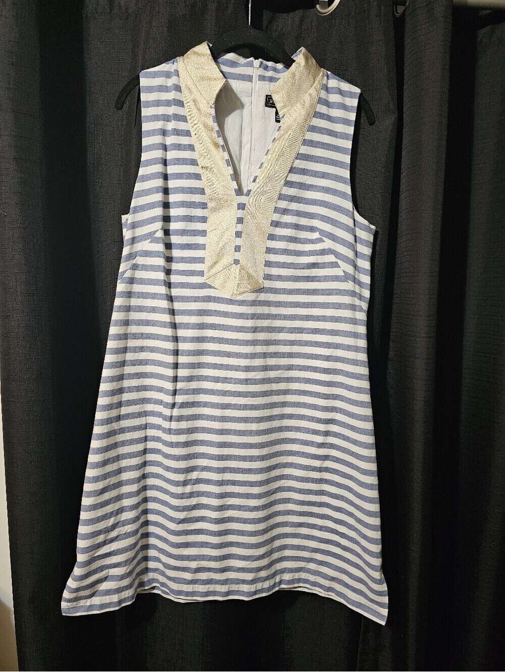 Jessica Howard Blue and White Striped Sleeveless Tunic Dress with Cream Trim